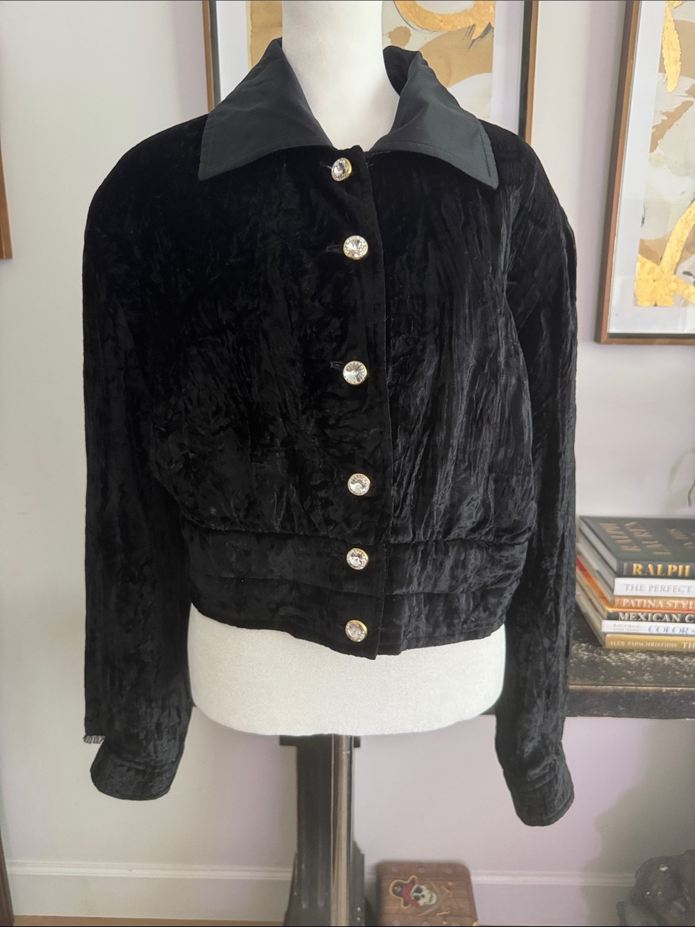 Vintage Escada Couture black crushed velvet cropped jacket rhinestone buttons